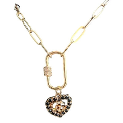 Gucci Gold Black Crystal Heart Pendant Paper Clip Carabiner