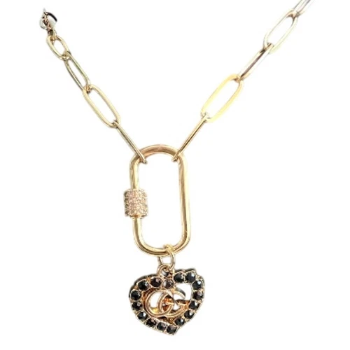 Gucci Collana Moschettone Fermacarte Ciondolo Cuore Cristallo Oro e Nero (GGXX030)