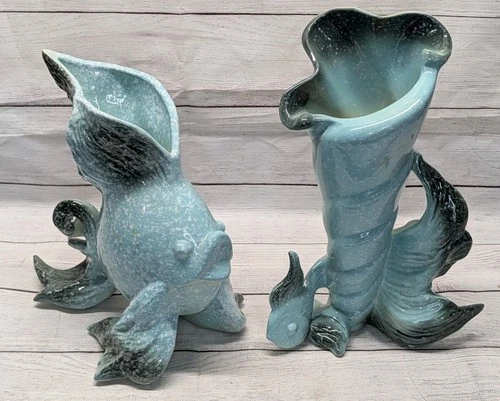 Vintage HULL MCM Pottery Ebb Tide Angel Fish Vase Planter Set Blue Turquoise