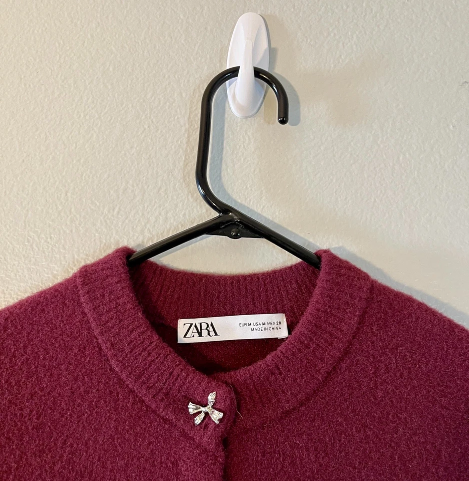 Cárdigan Suéter Zara Mujer S/M Borgoña Tejido Plata Botón Manga Corta Foto 3 de 4