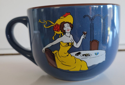 CAFE BOHEME STONEWARE COFFEE MUG LADY IN YELLOW DINING 3.25 INCHES HOLDS 16 OZS
