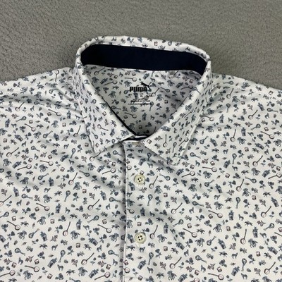 Puma Polo Shirt Mens XL White Geometric Print Stretch Golf Activewear