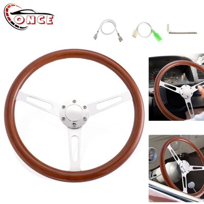 15'' 380mm Classic Mahogany Wood Steering Wheel with Silver Chrome Finish Spokes
