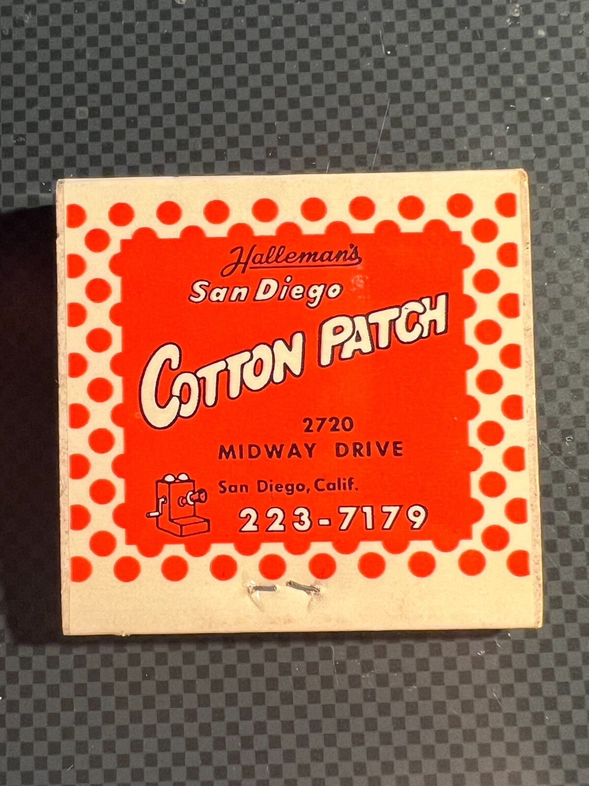 VINTAGE MATCHBOOK HALLEMAN'S SAN DIEGO COTTON PATCH SAN DIEGO