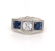 Art Deco Style Round Lab Created Diamond & Sapphire 925 Silver Engagement Ring