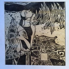 TungNgoc young woman woodcut painting20x20cm Argentina Vietnam