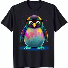 Colorful Penguin Graphic Black T-Shirt with Glasses Fun & Stylish Design