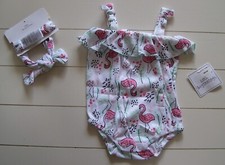 Little Beginnings 2 Pc Flamingo Ruffled Sunsuit Bodysuit and Bow Headband 0-3M