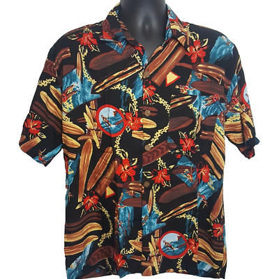 Bali Apparel Rayon Hawaiian Aloha Shirt Sz L Pocket Surfers Flowers Surfboards