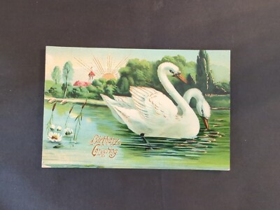 Vintage Postcard ASB Birthday Greetings Swans on a Lake Gold Accents ...