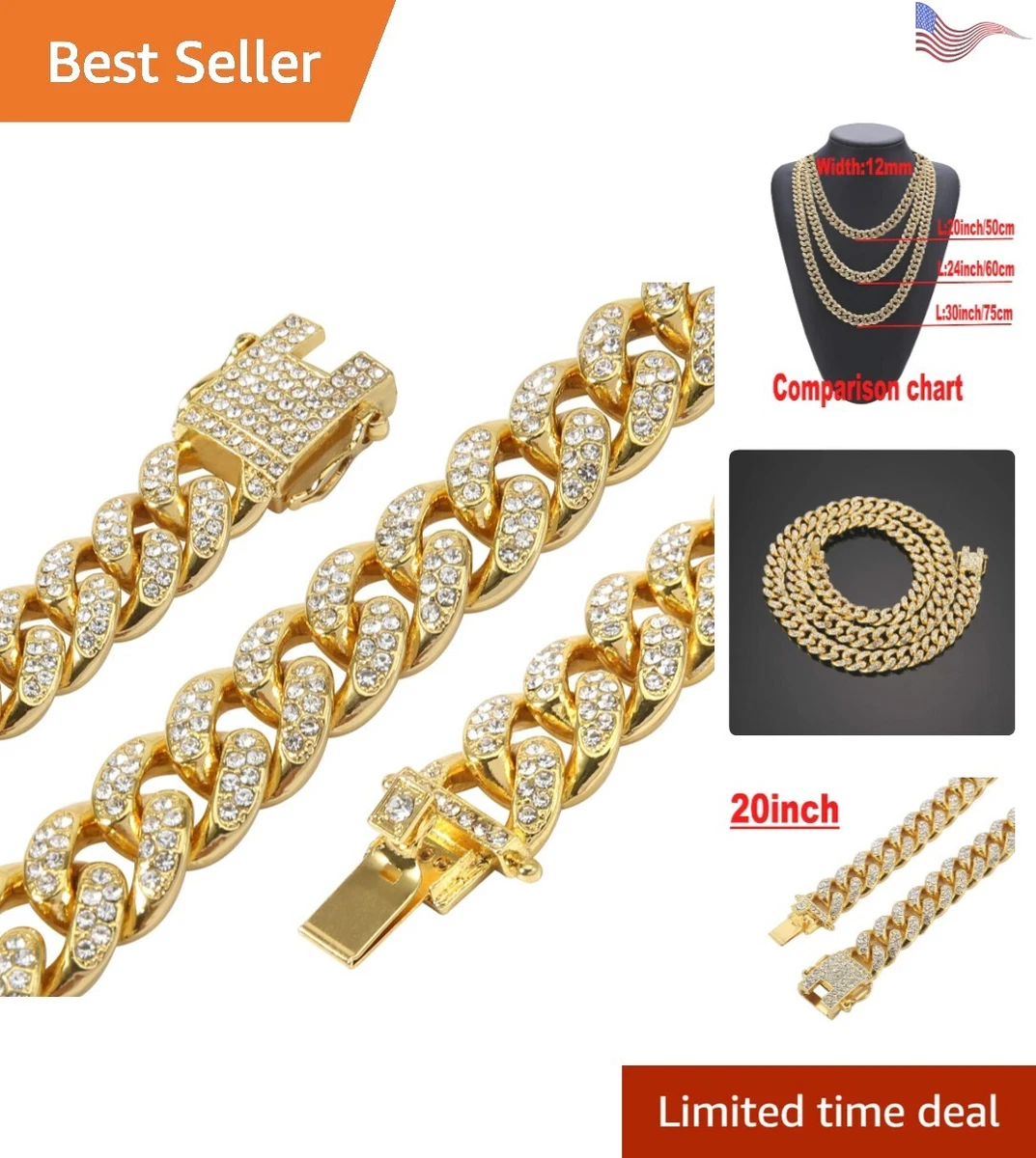 Luxury Iced Out Miami Cuban Link Chain 12 14 20mm 24inch 18K