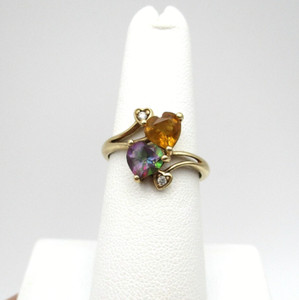 10K Yellow Gold Citrine Mystic Topaz Diamond Heart Ring Size 7 [R324]