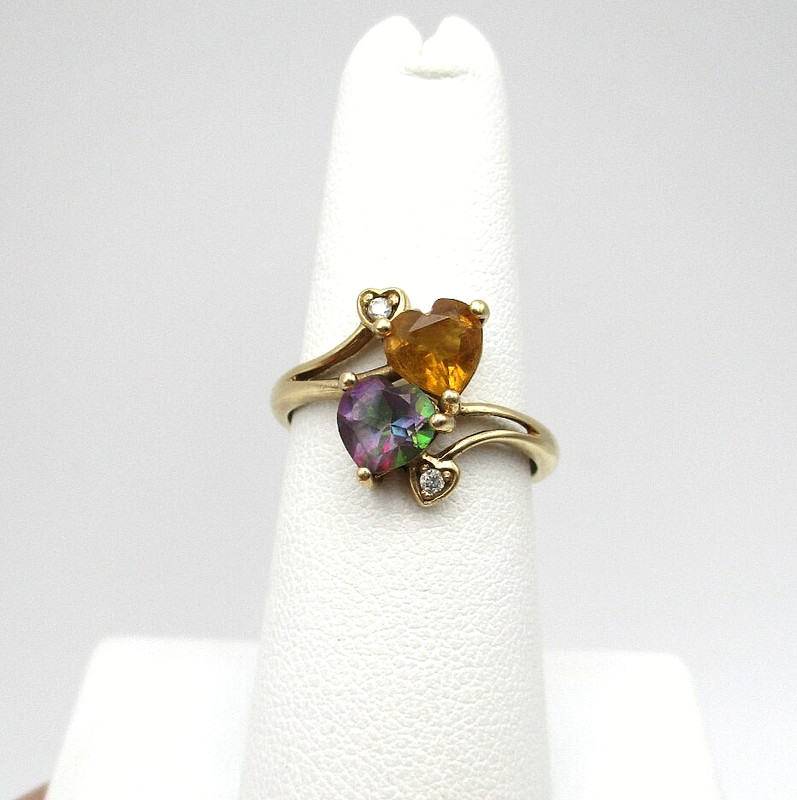 10K Yellow Gold Citrine Mystic Topaz Diamond Heart Ring Size 7 [R324]