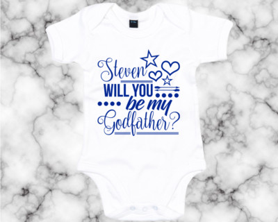 Blau Will You Be My God Father INDIVIDUELLER NAME Baby wachsen süß Gott Sohn Geschenk fragen AS41