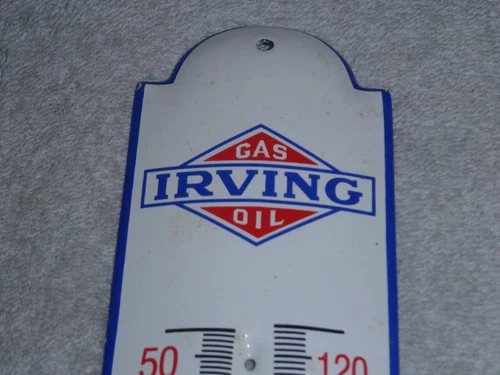 VINTAGE "IRVING OIL MARITIMES" 11 3/4" PORCELAIN METAL GASOLINE THERMOMETER SIGN