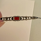 Vintage Sterling Silver Filigree Carved Red Garnet Bar Pin Brooch 2” Long — photo 5