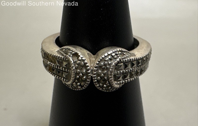 Sterling Silver Crossover Ring with Marcasite - Size 8 (MISSING STONES)