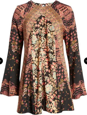 Free People Floral Chiffon Mini Dress Bell Long Sleeve Backless Tie Black M