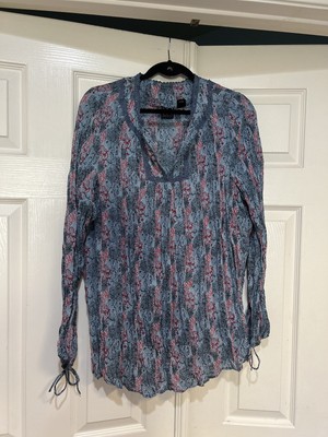 Colorful Crinkle Floral Long Sleeve Loose Fit Stretch Lightweight Blouse Size16W