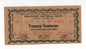 1942 Philippine National Bank Emergency Note 20 Centavos Twenty Cents