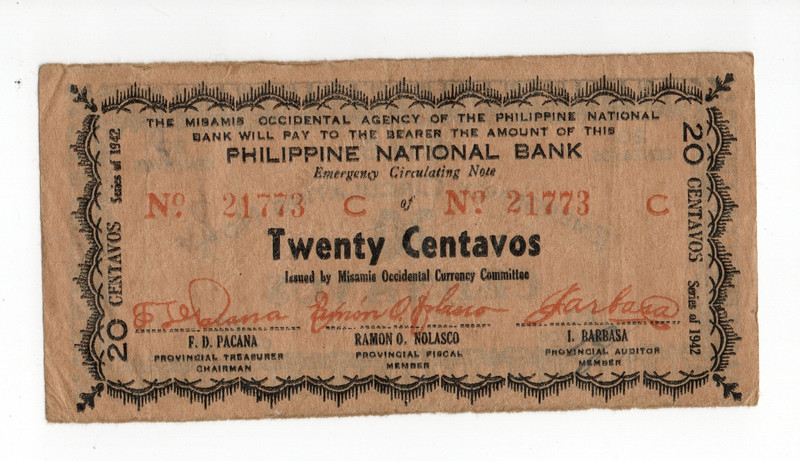 1942 Philippine National Bank Emergency Note 20 Centavos Twenty Cents
