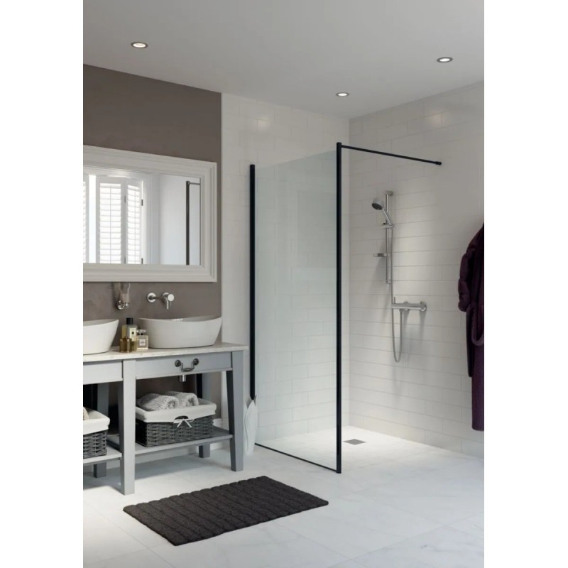 Paroi de douche fixe AKW avec profilé noir mat et verre transparent haute résistance