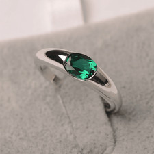 925 Sterling Silver Green Emerald Ring Lab Created Oval Cut Gemstone Women Ring