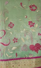 Fancy Tissue Saree  & Blouse  Pistachio  & Pink Embroidery Preloved Gorgeous