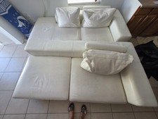 White Leather Contemporary Sofa, 4-Seater, Removable Cushions, Wood Frame