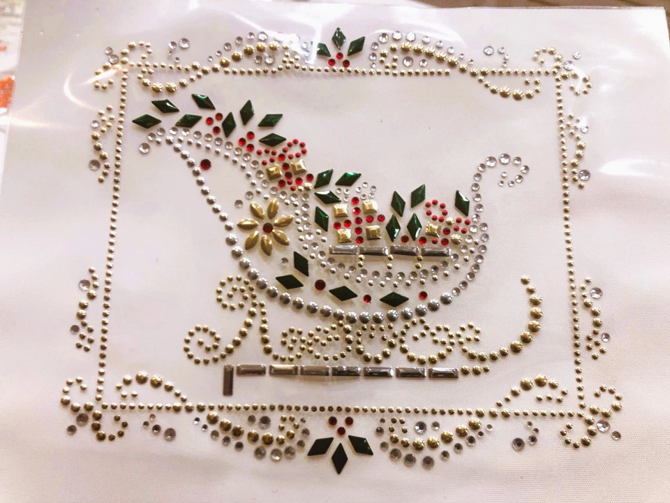 Fancy Christmas Rhinestone Transfer Iron-on Santa Sleigh Presents Crystals Bling - Image 2 of 4