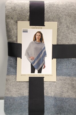 Celeste Cashmere Wool Poncho Blue Silver Gray Women One Size