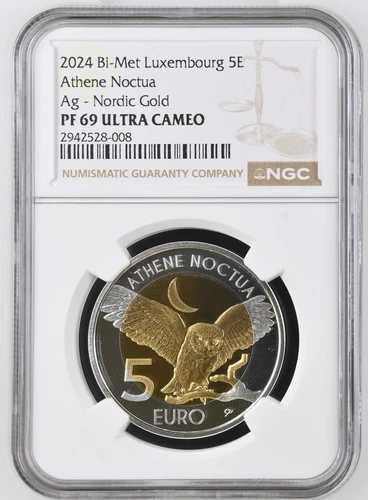 2024 Luxembourg Little Owl Bi-Met Ag/Nordic Gold 5E NGC PF69 UC + COA + Capsule