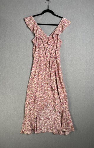 SOCIALITE Pink Floral Print Ruffled Faux Wrap High/Low Midi Dress Women Small - Picture 2 of 11