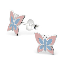 Butterfly 925 Sterling Silver Light Pink and Blue Stud Earrings Girl Women