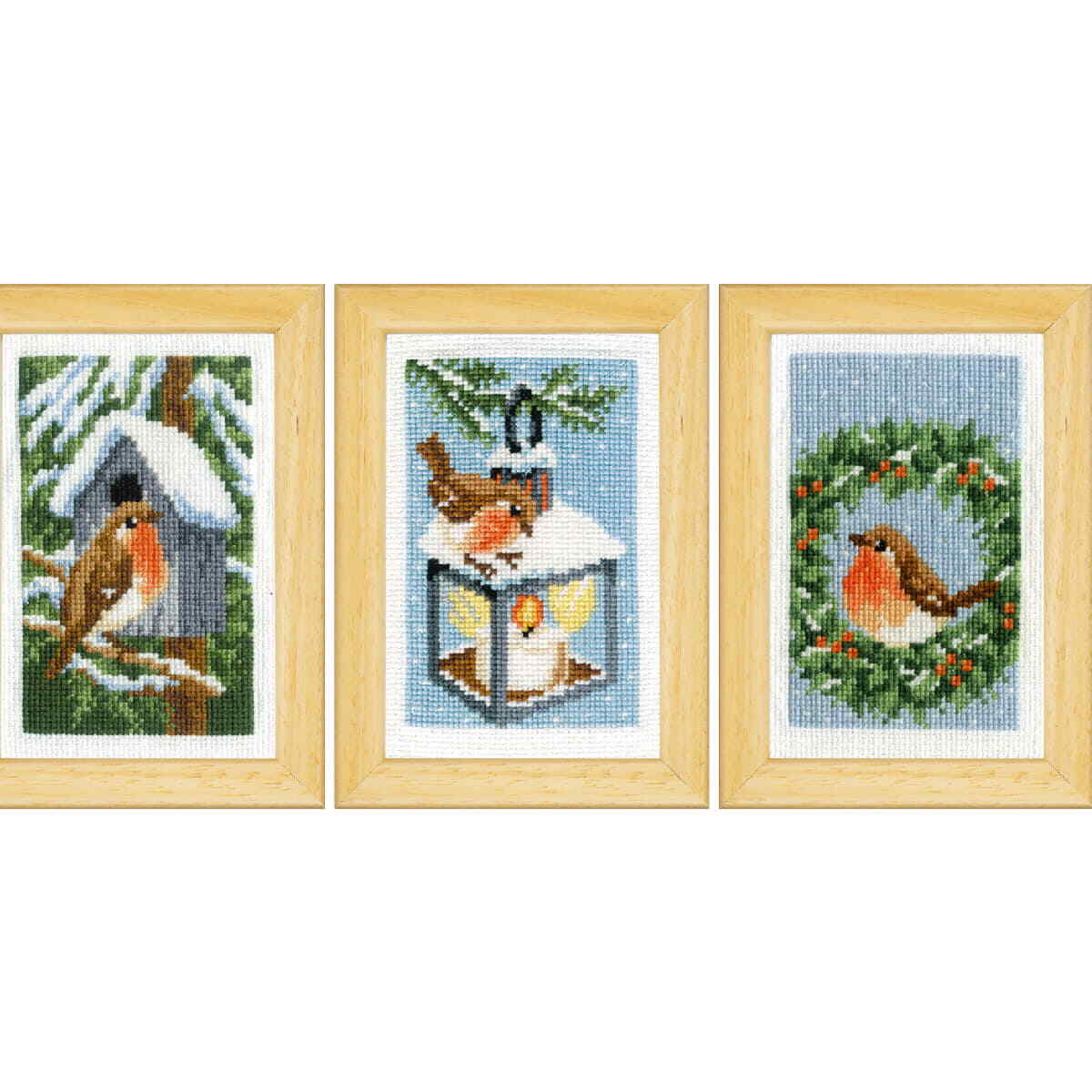 Vervaco counted cross stitch kit ""Robins in Winter"" Set of 3, 8x12cm, DIY
