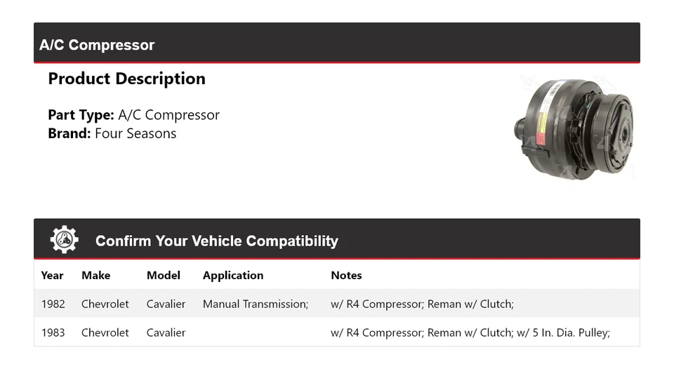 Compresor de aire acondicionado Chevrolet Cavalier 1982-1983 4 estaciones Foto 2 de 4