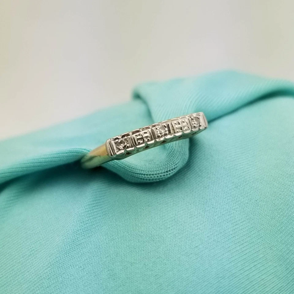 Vintage 14K Two-Tone Gold Diamond Wedding Band-1940s-0.04TCW-Earth Mined - Image 3 of 4