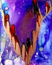 Original 11x14" gold blue purple orange nighttime painting by Lynne Kohler