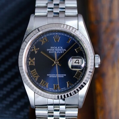 Mens Rolex Datejust 16234 18KW Gold SS Blue Roman Fluted Bezel
