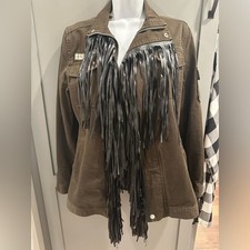 Missguided Green Military Utility Jacket Size 6 with Black Fringe