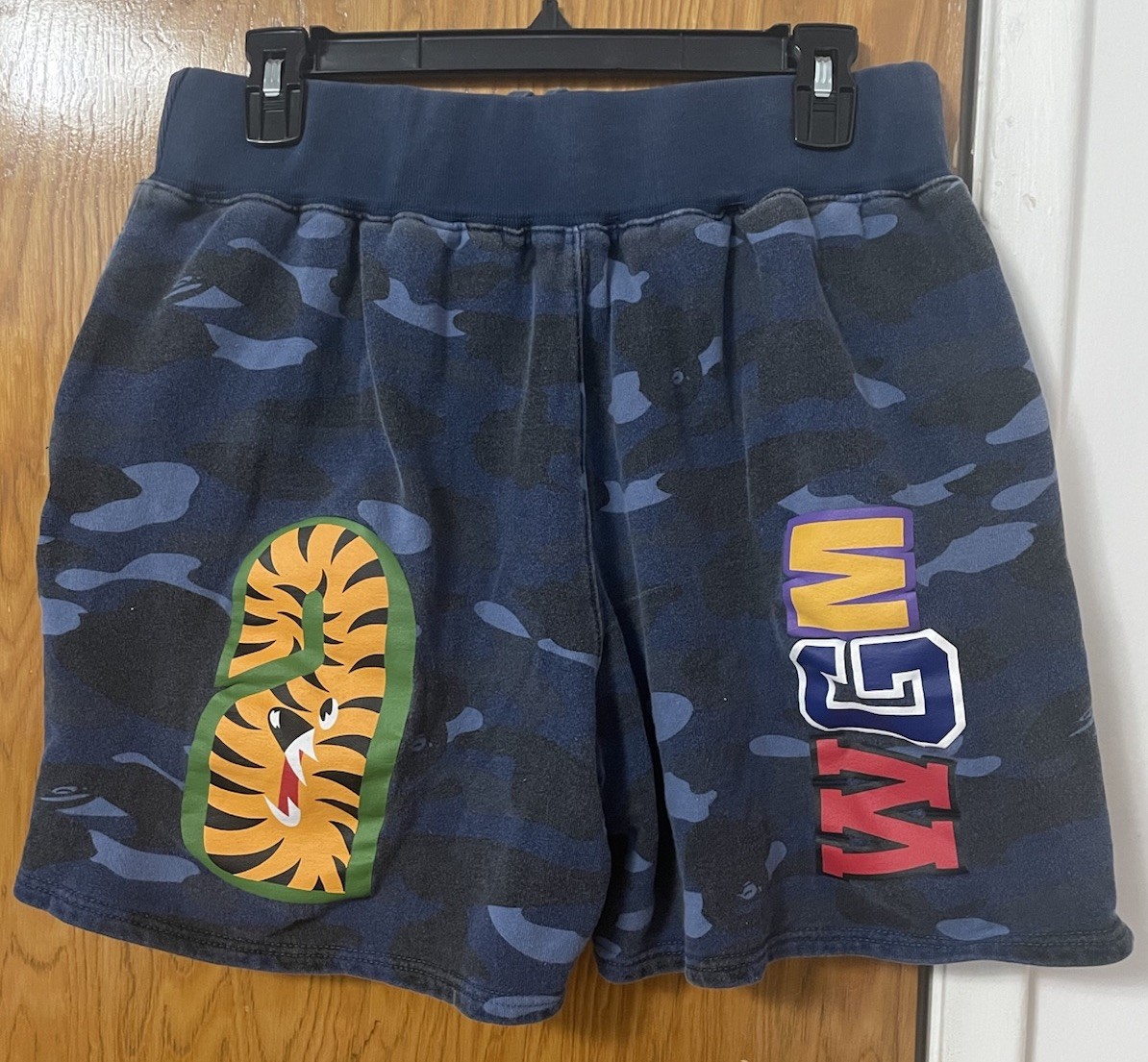 A Bathing Ape BAPE Blue Camo WGM Shark Sweat Shorts Size L Japan