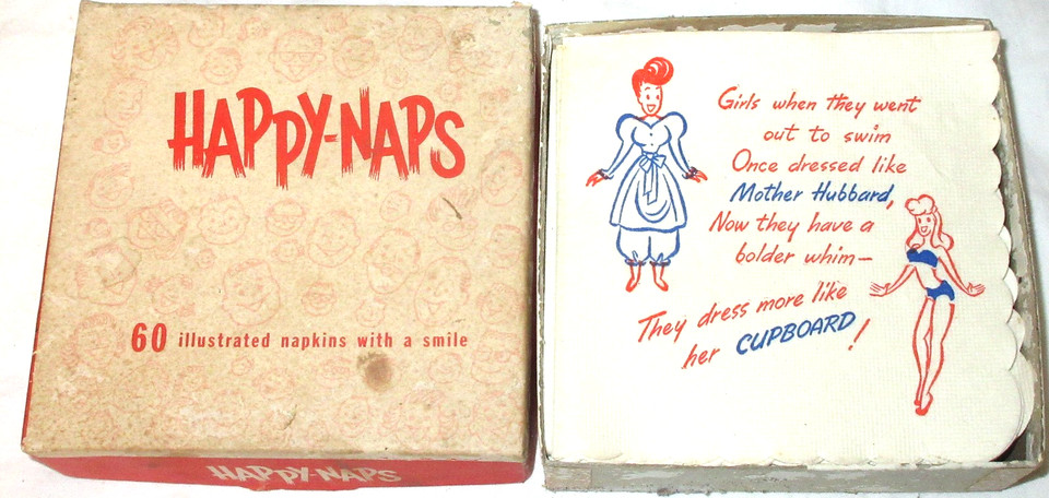 Genuine vintage cocktail napkins with illustrated adult humor — the kind of mid-century party ephemera that's actually funny and collectible.