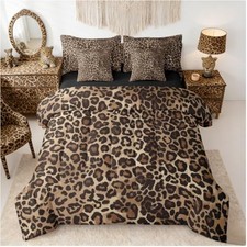 Leopard Print 7 Piece Bedding Set Cheetah Decor Comforter Set with Queen Brown
