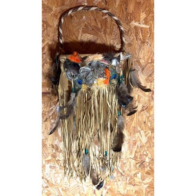 Handcrafted Native American-style Basket Feathers Beading Fringe Southwestern