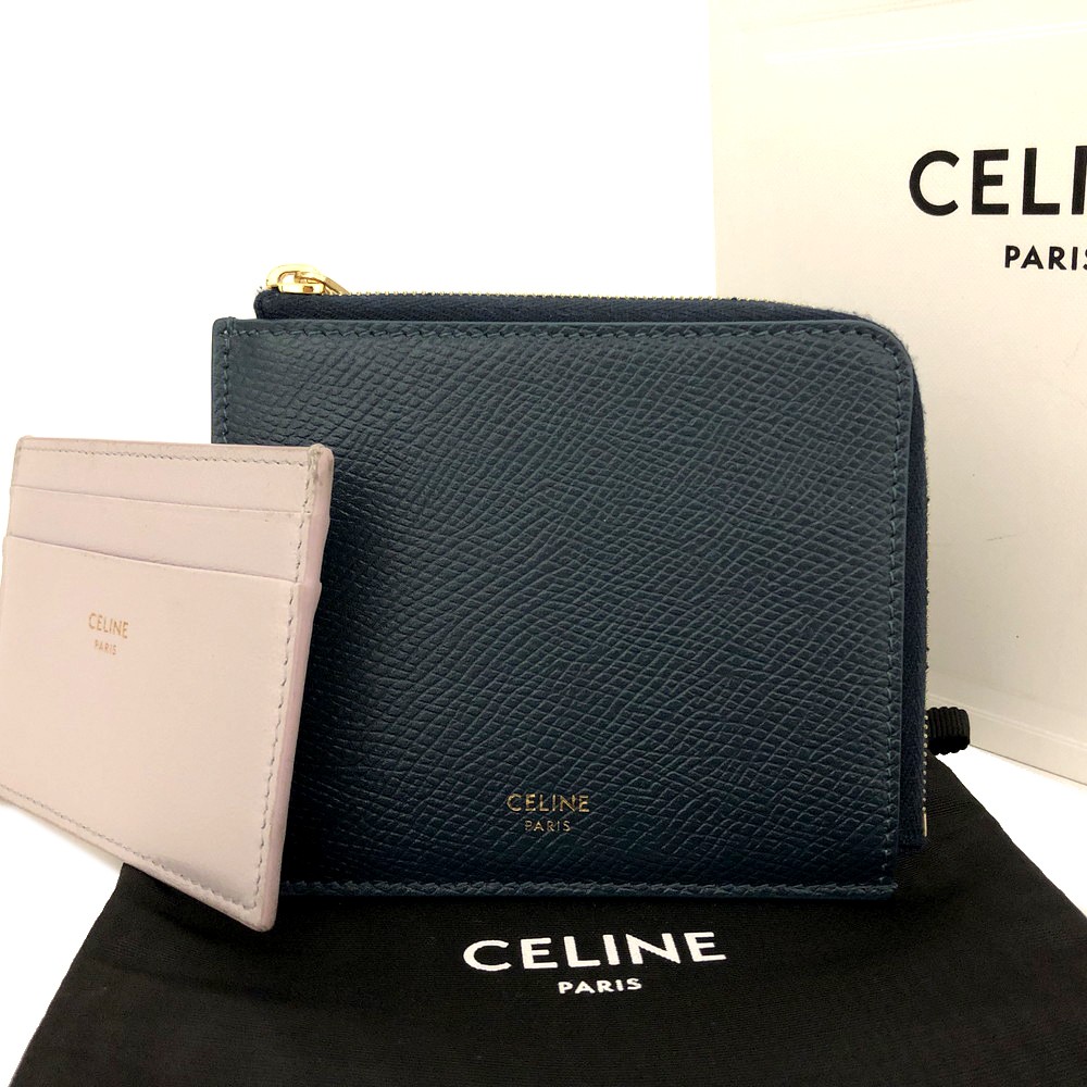 CELINE ネイビー コインケース CELINE Logo Leather Coin Case w/Card Case Navy blue/2BH2098