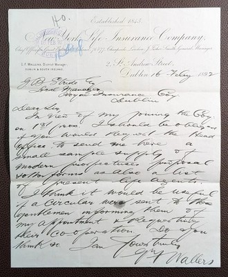 1892 New York Life Insurance Company St Andrew Street Dublin Letter