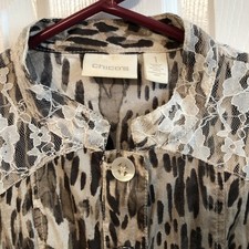 Chico's Brown Artisan Animal Print Lace Cheetah Lightweight Jacket Sz 1 8/10 