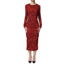 DOLCE & GABBANA Dress Red Leopard Print Long Sleeves Midi IT36/US2/XXS 2630usd