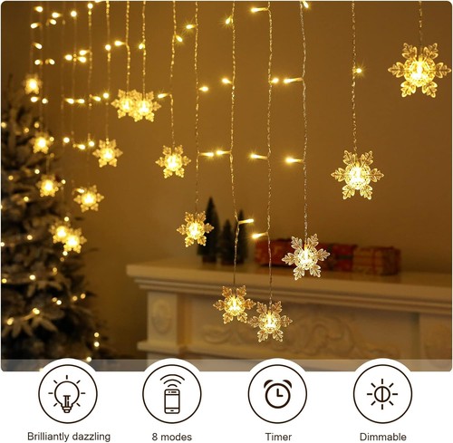 2x1M Schneeflocken Lichtervorhang Warmweiß, USB Weihnachtesbeleuchtung - Bild 4 von 9