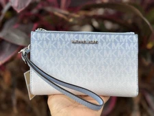 Michael Kors Jet Set Travel Large Double Zip Wallet MK Ombré Light Sky Multi